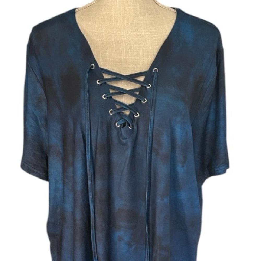 Soft Polyester Blue Tie-Dye V-Neck T-Shirt  Oversized Lace-Up Detail V-neck 2XL